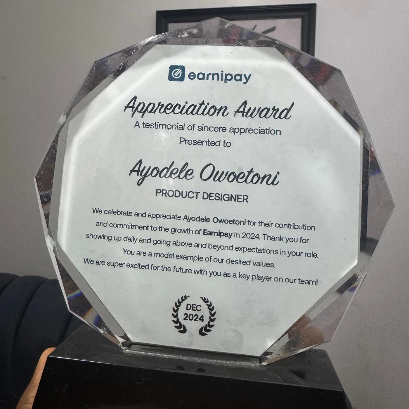 An Earnipay appreciation award, December 2024, presented to Ayodele Owoetoni, product designer