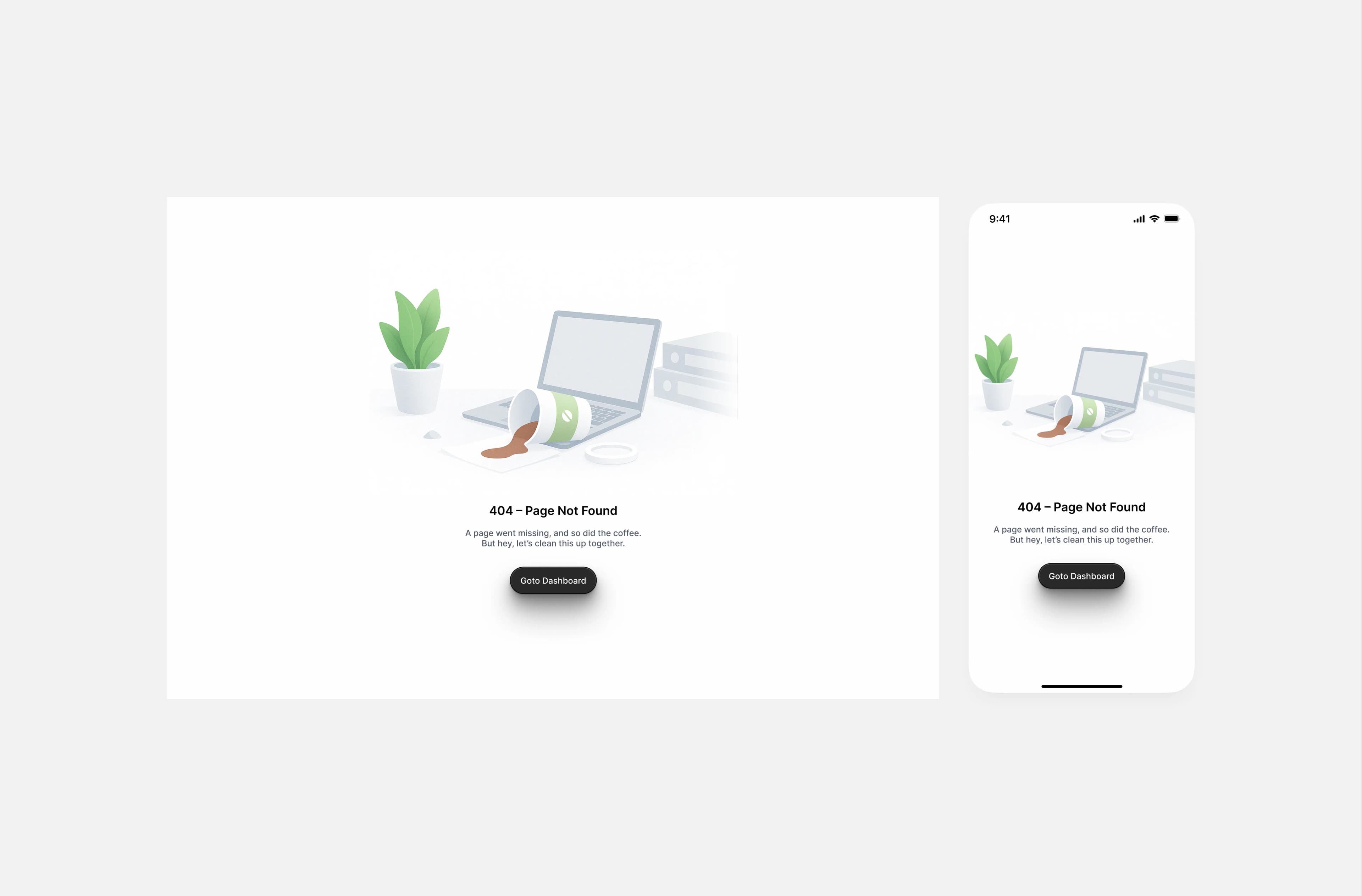 A 404 page on desktop and mobile, with one clear way back