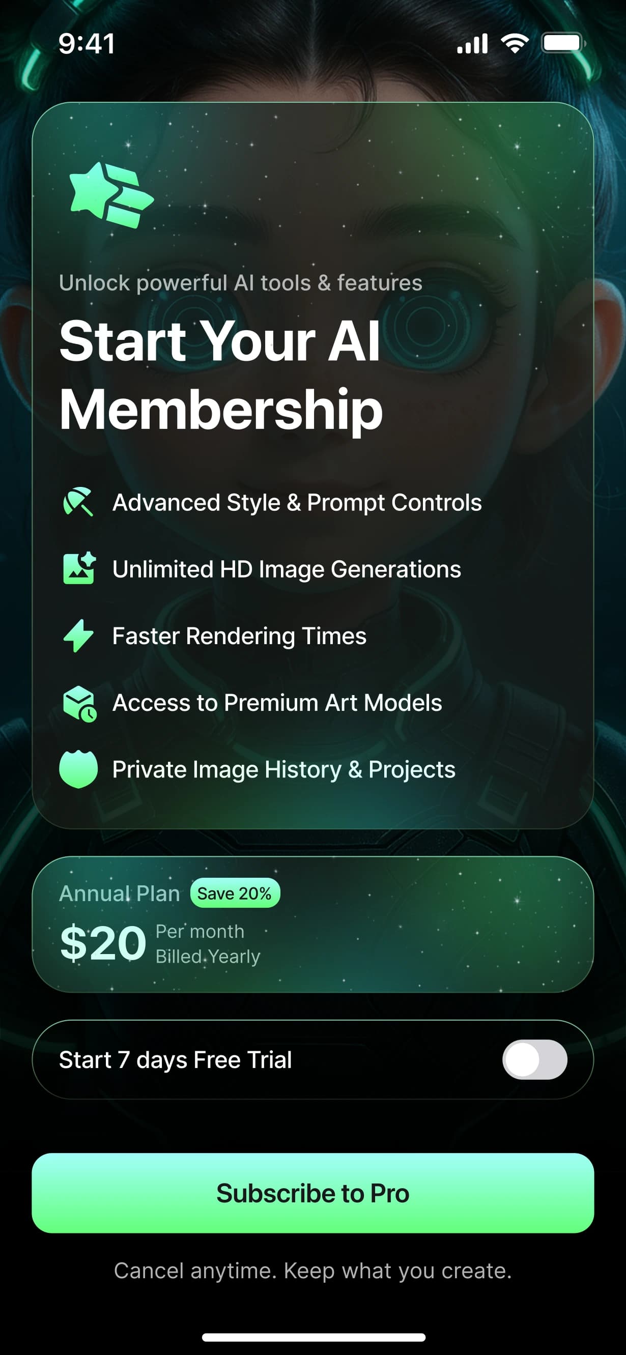 A membership paywall for an image generator, listing what the plan unlocks above the price and a free trial