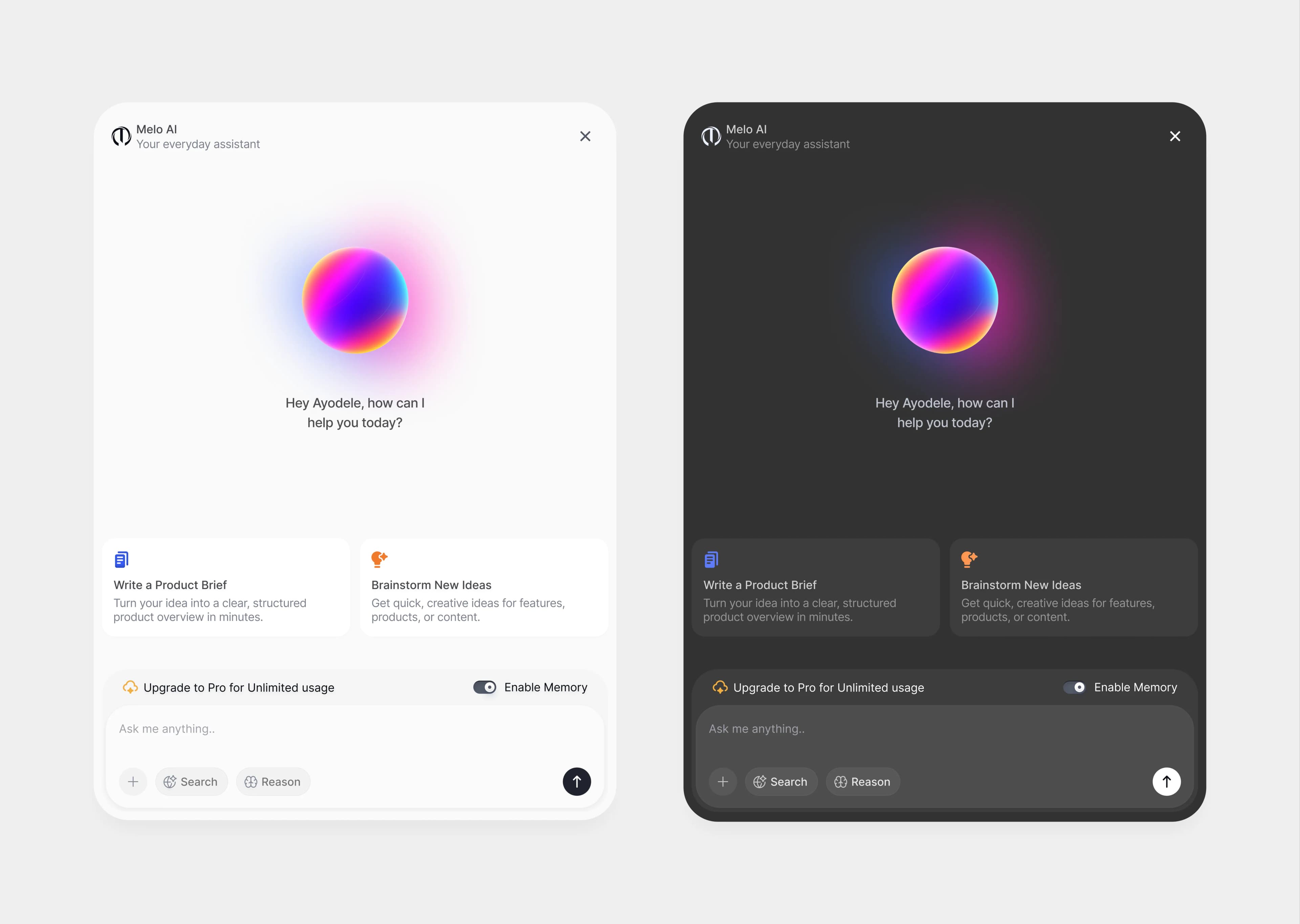 An AI assistant panel, in light and dark