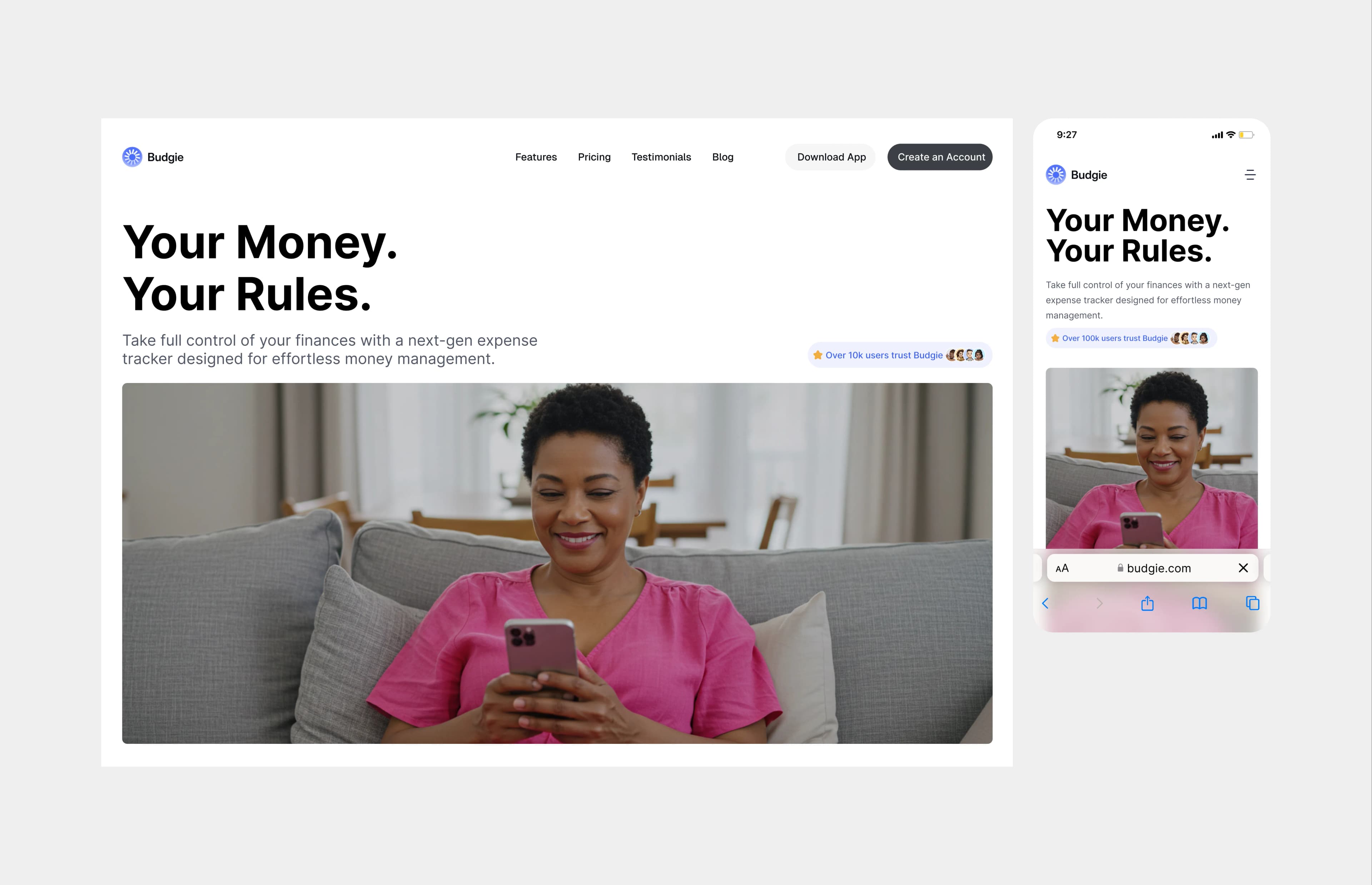 Budgie: an expense tracker landing page, desktop beside mobile