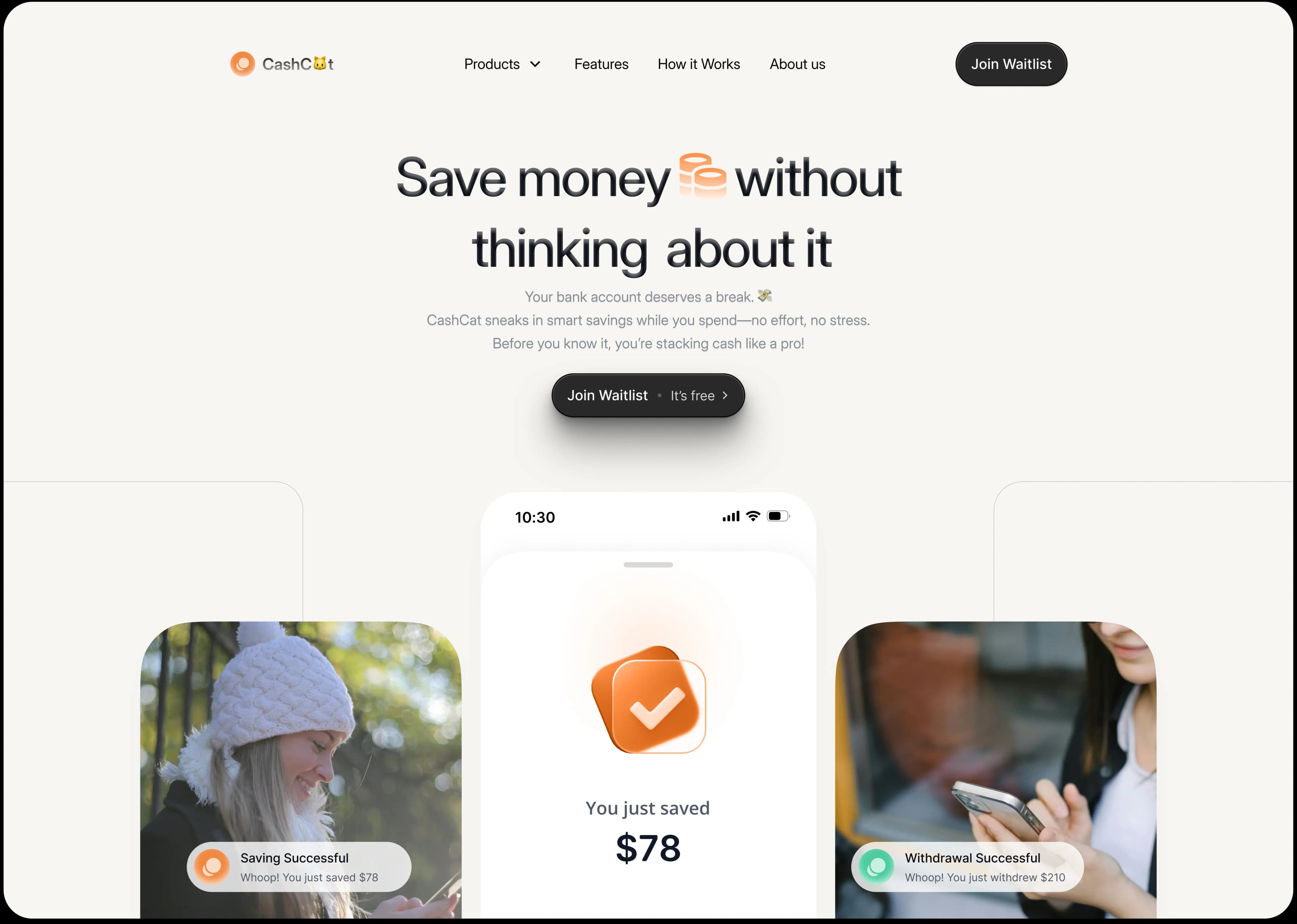 CashCat: a landing page for a savings app that saves while you spend