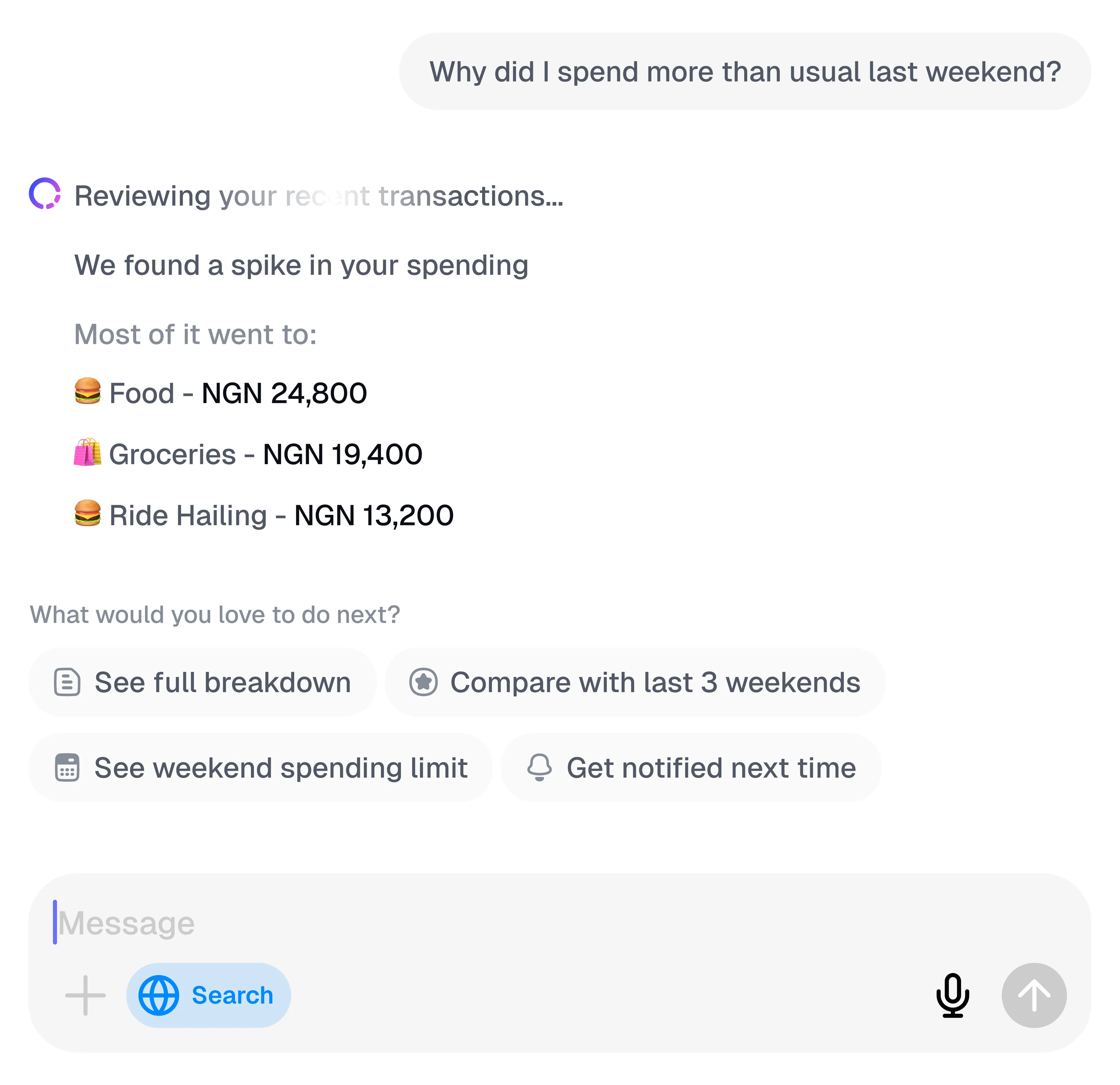 A chat that answers a spending question with a breakdown by category