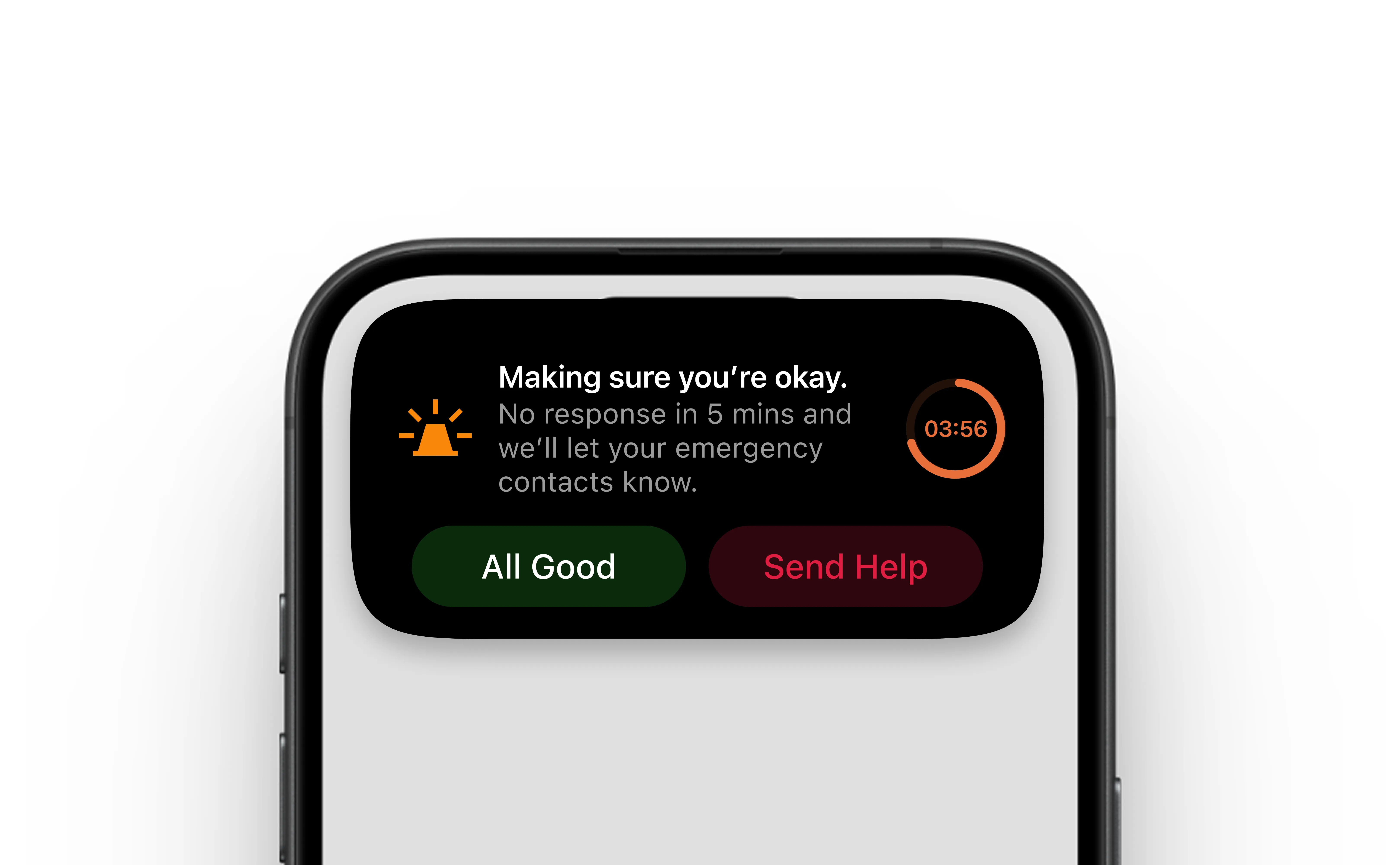 A watch checking in after no reply, offering All Good or Send Help