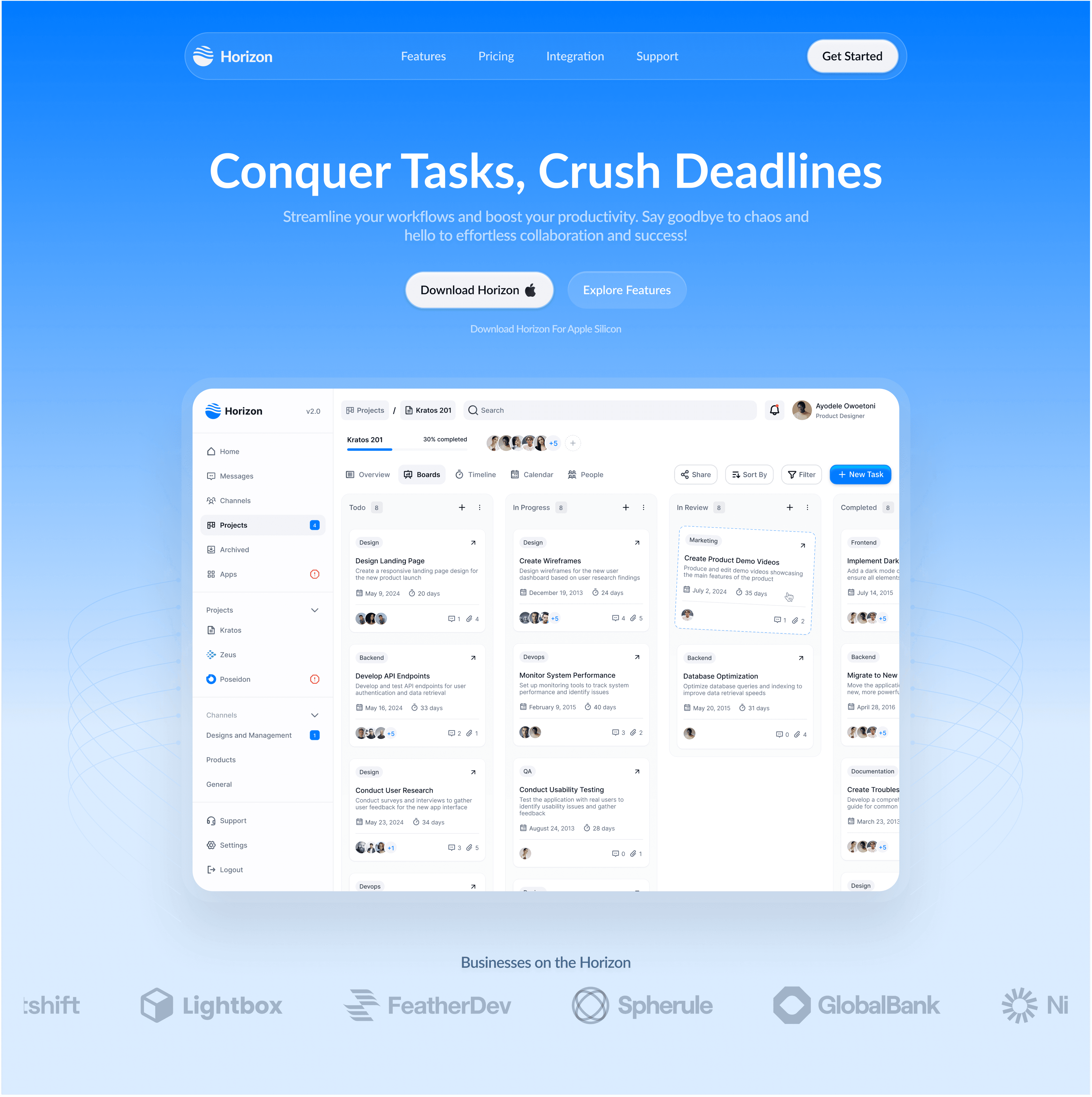 Horizon: a task management site with boards and deadlines
