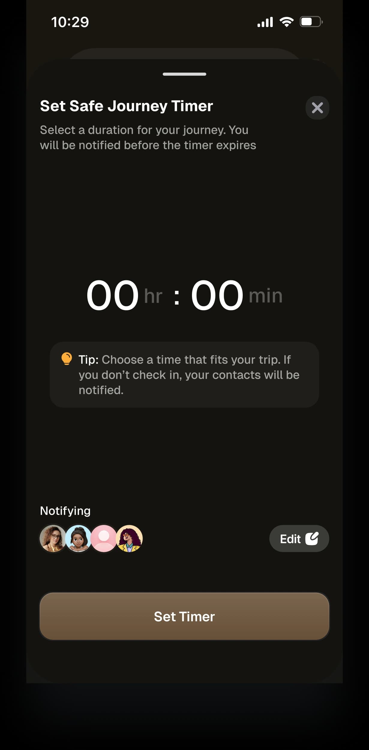 Setting a safe journey timer, with the people who get told if you do not check in before it runs out
