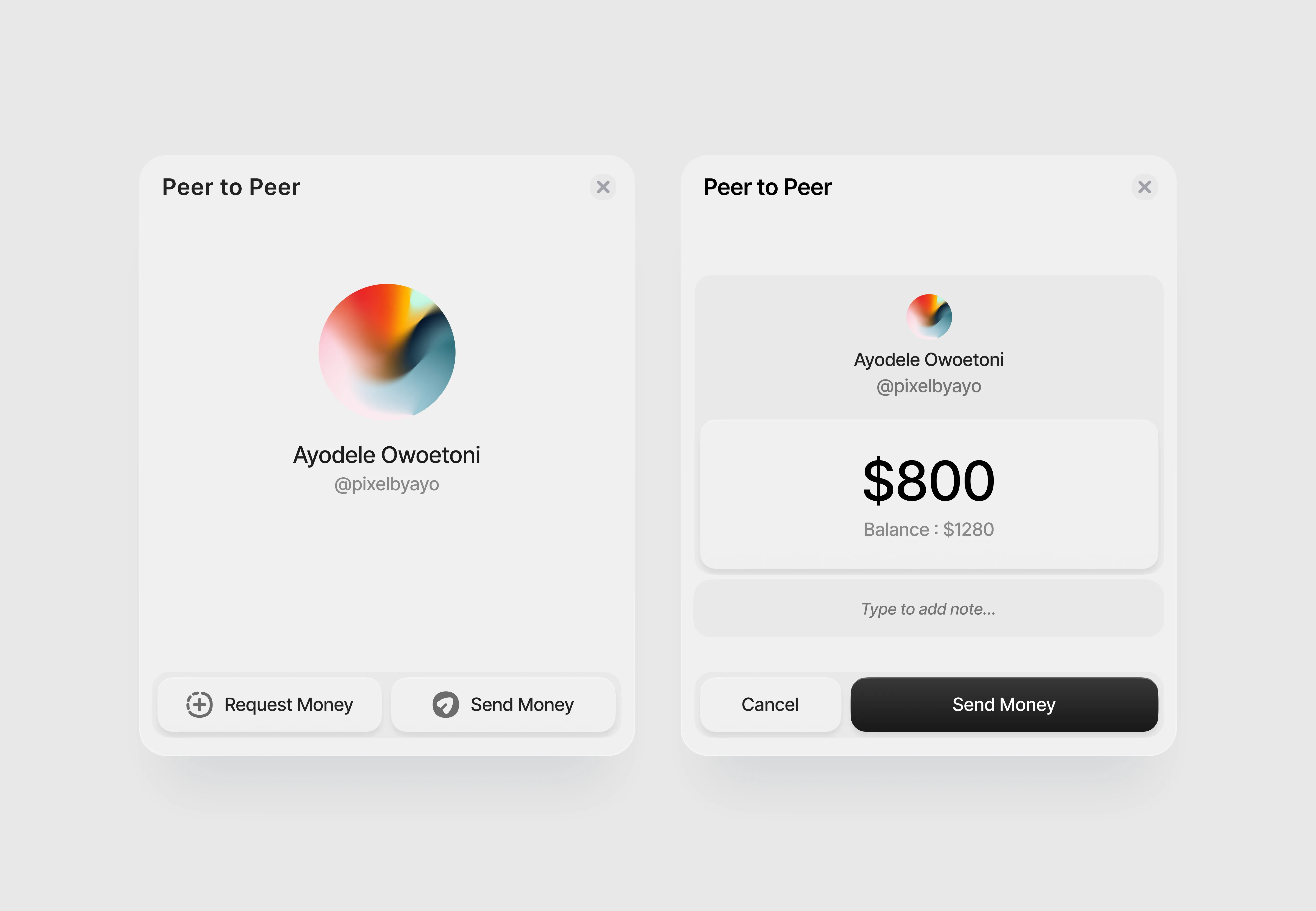 A peer to peer transfer, from the amount to the confirmation