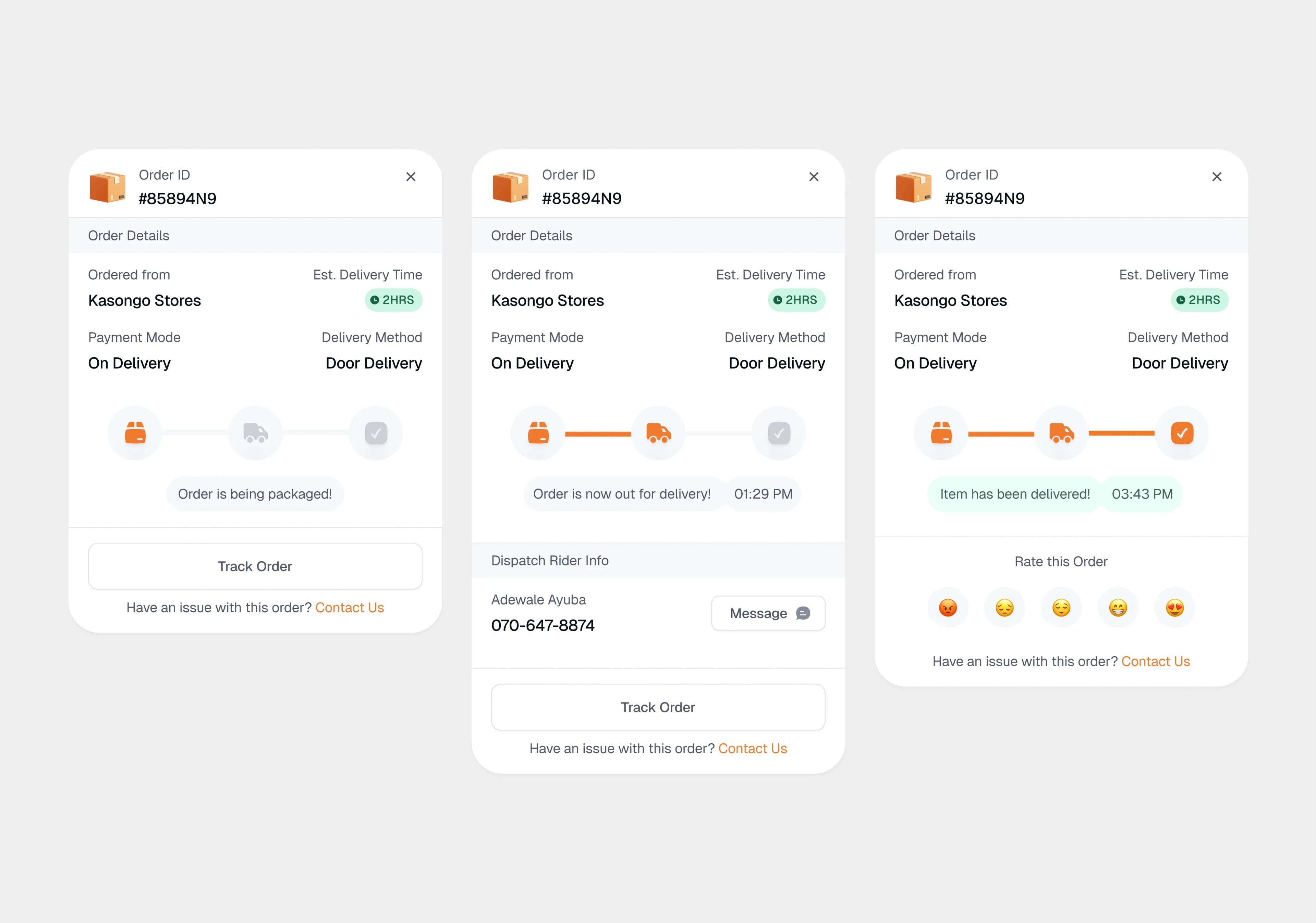 Delivery cards for one order, each at a different stage