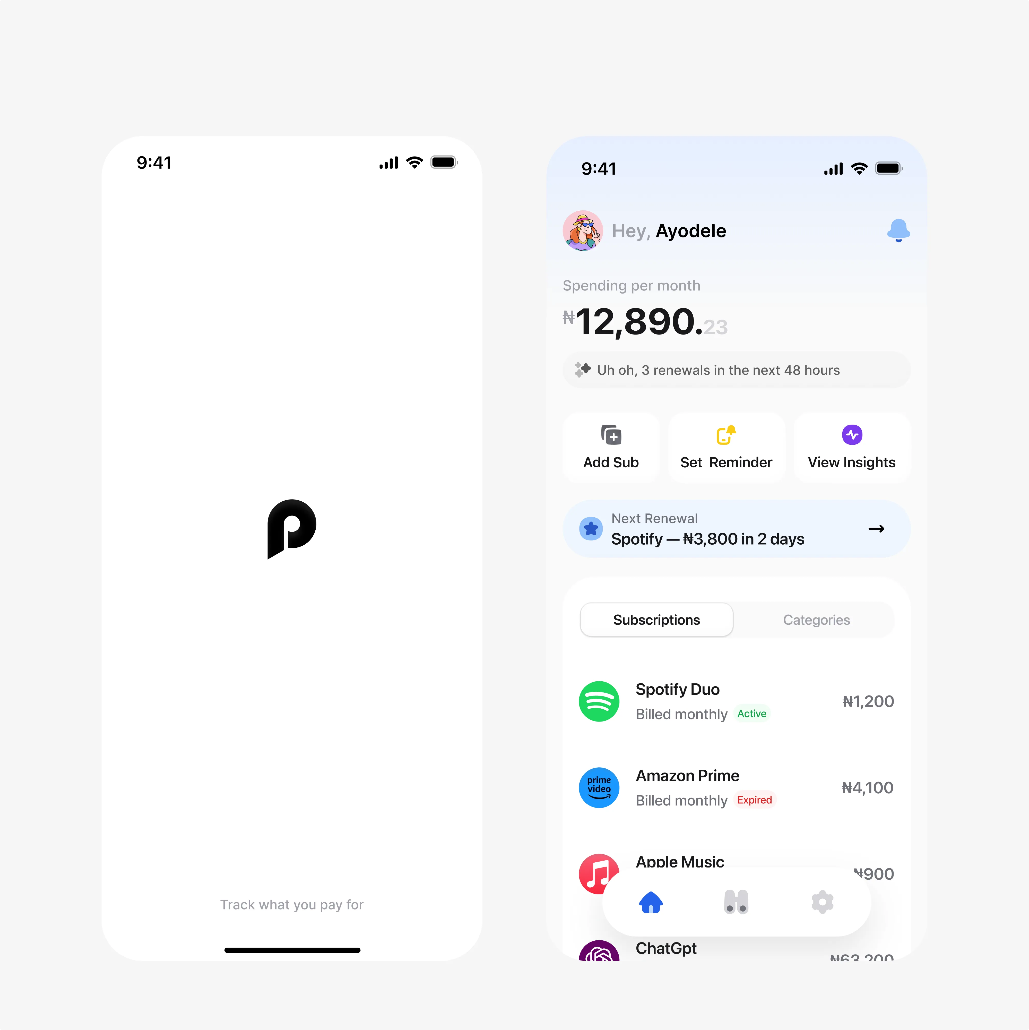 Pockit on mobile: this month’s spend, and what renews in the next 48 hours