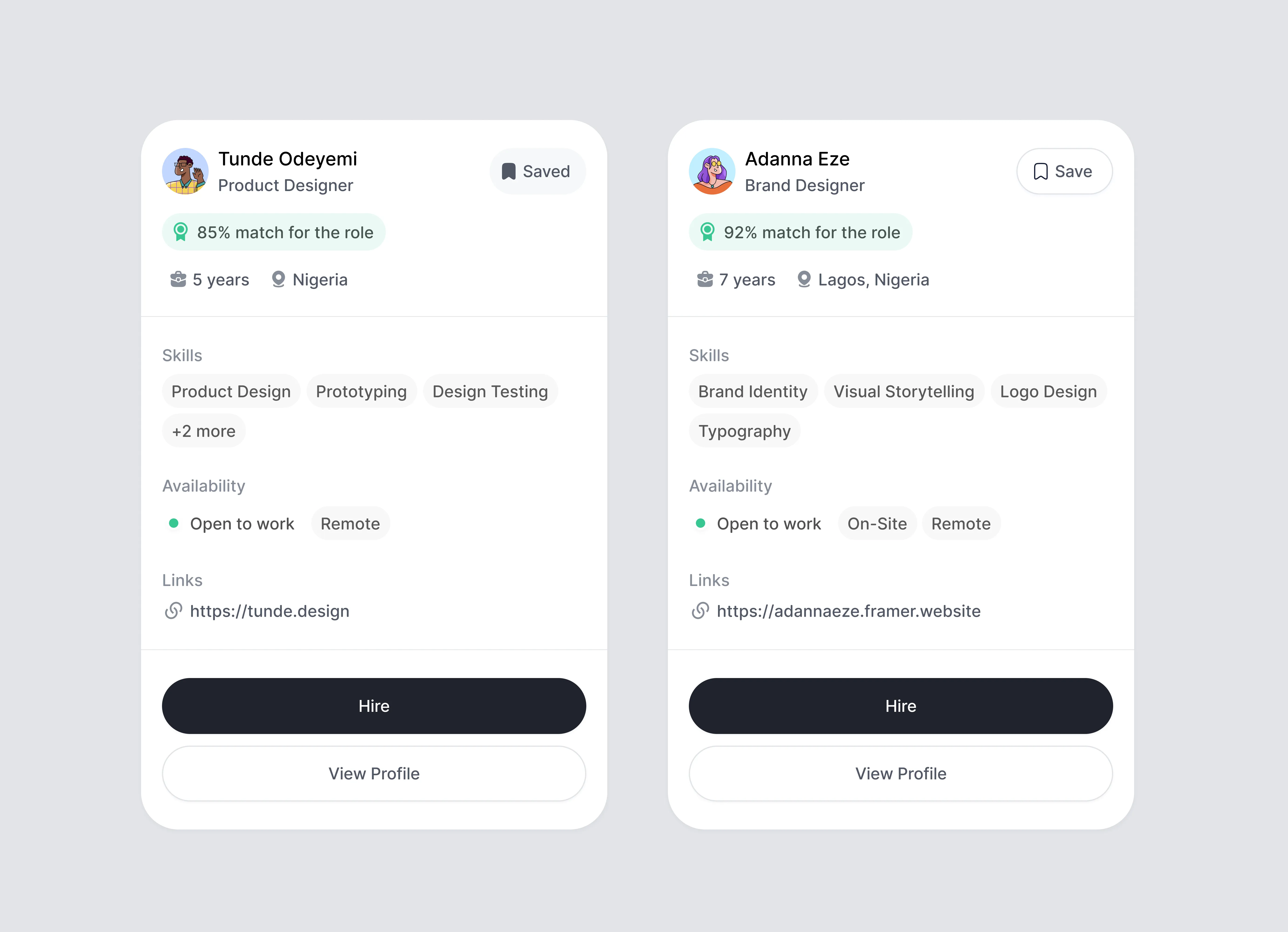 Two designer profile cards, each with their skills and a way to hire