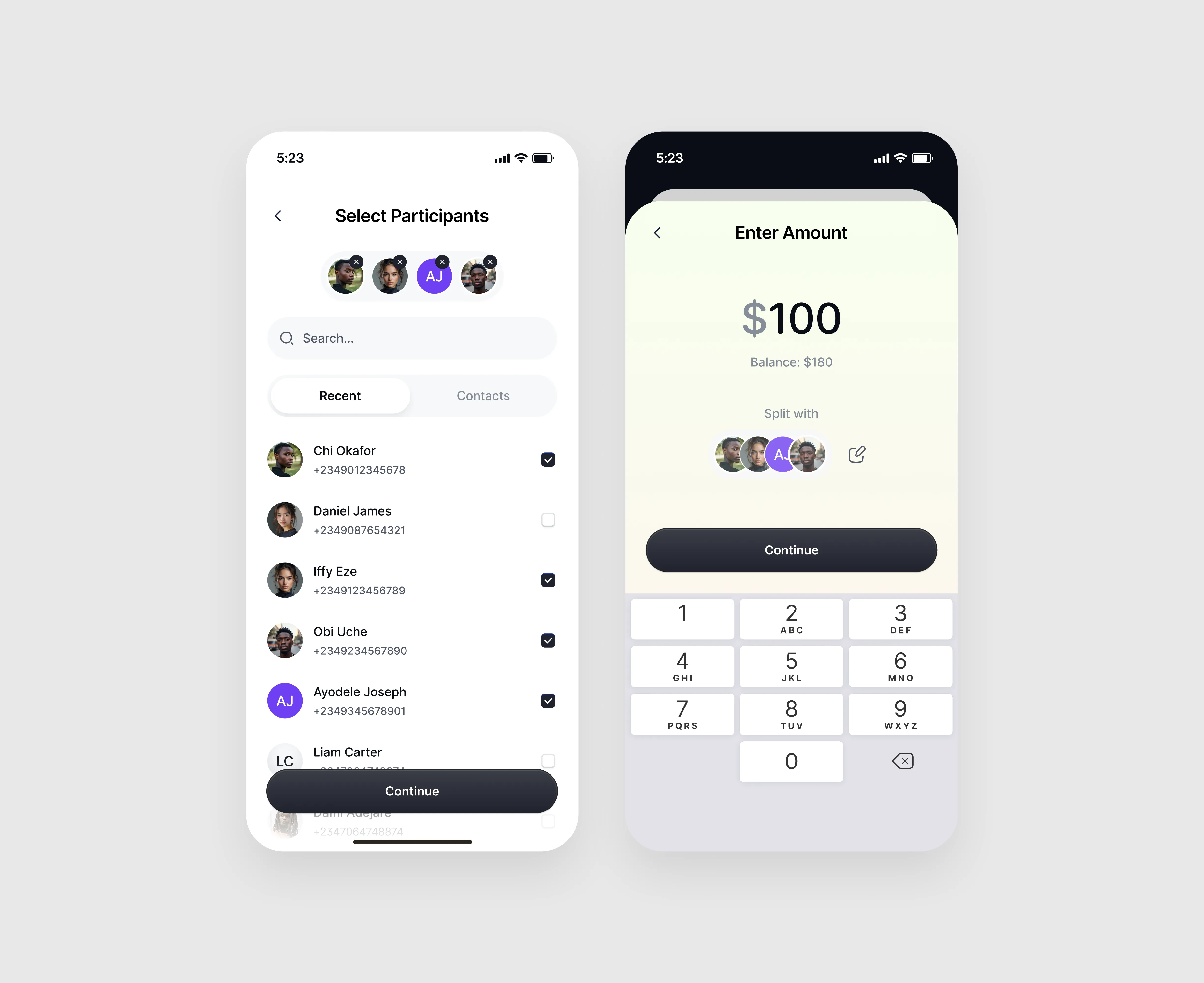 Splitting a bill: picking who is in, then entering the amount