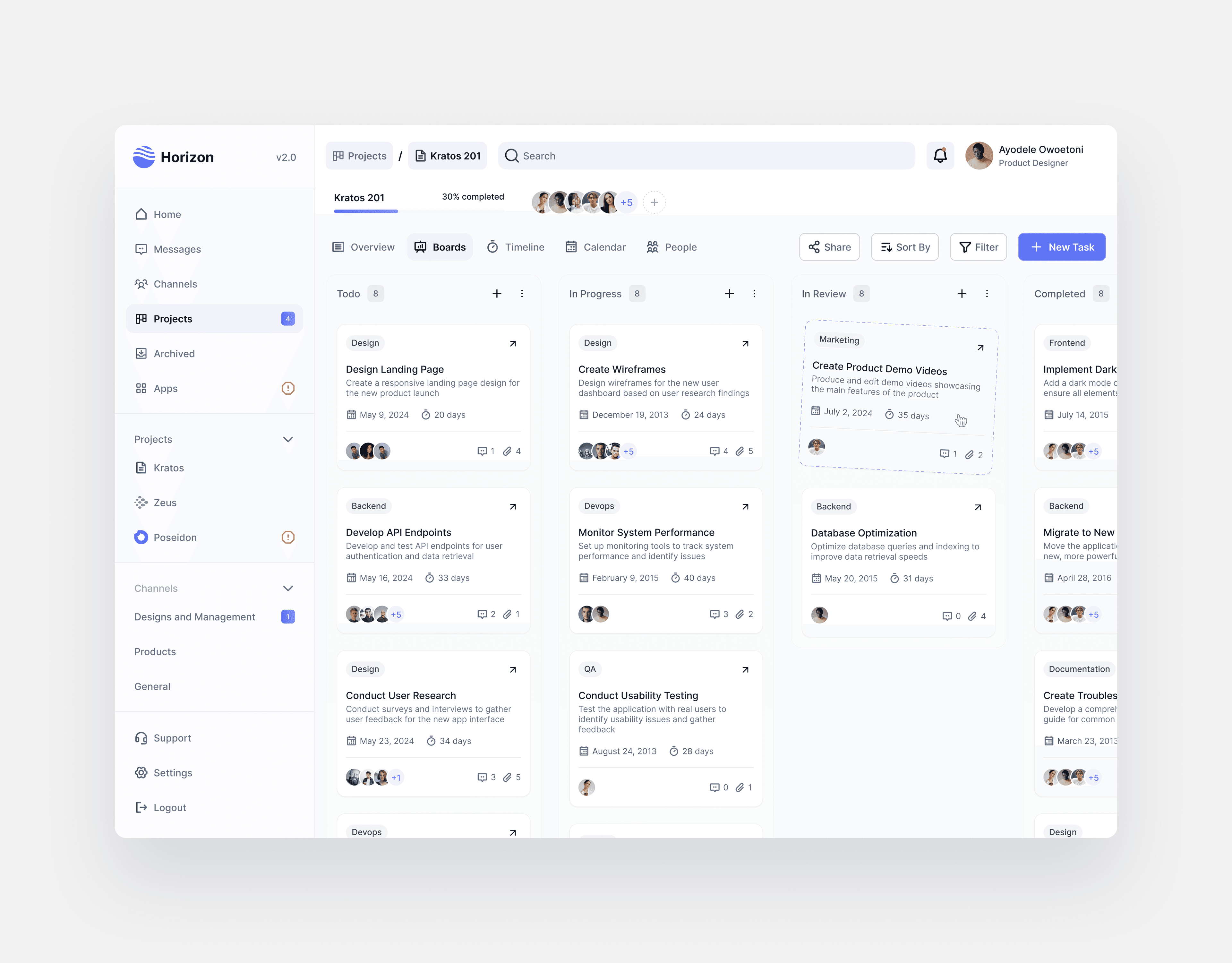 Horizon’s task board in light mode