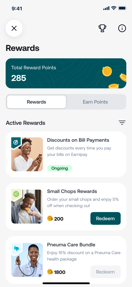 The rewards screen: a points balance, and rewards to redeem against it