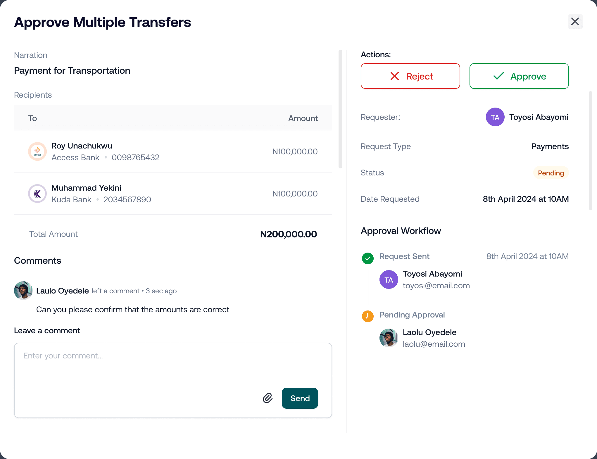 A request open: what is being paid and to whom on the left, the two actions and the workflow so far on the right
