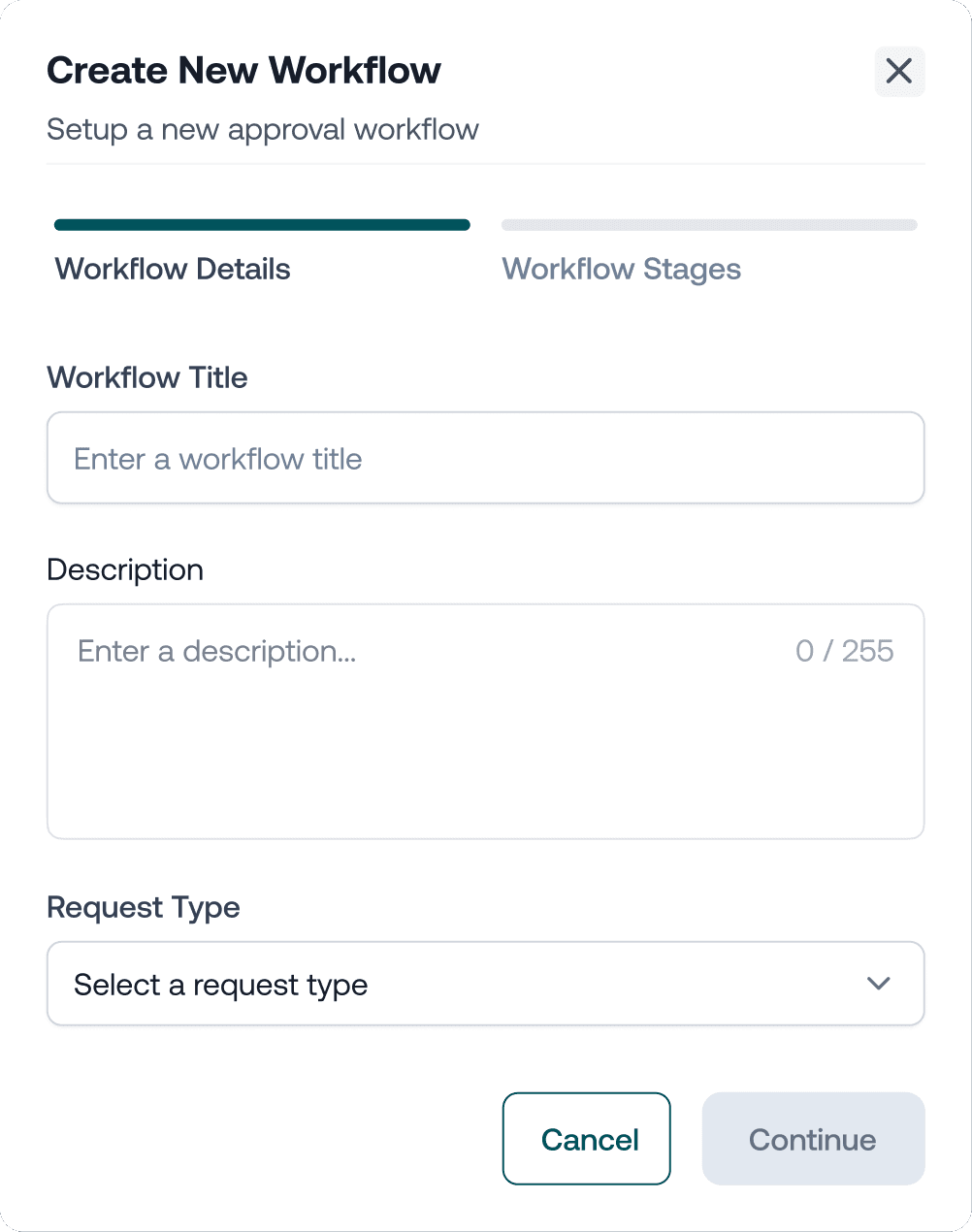 Creating a workflow: title, description and request type, with stages as the second step