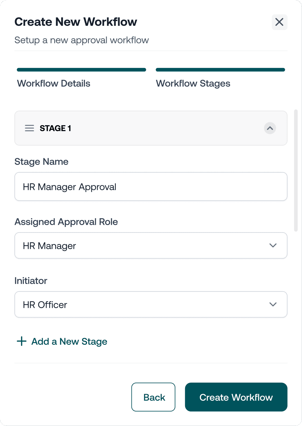 A stage being defined: its name, the role that approves it, and who can initiate it