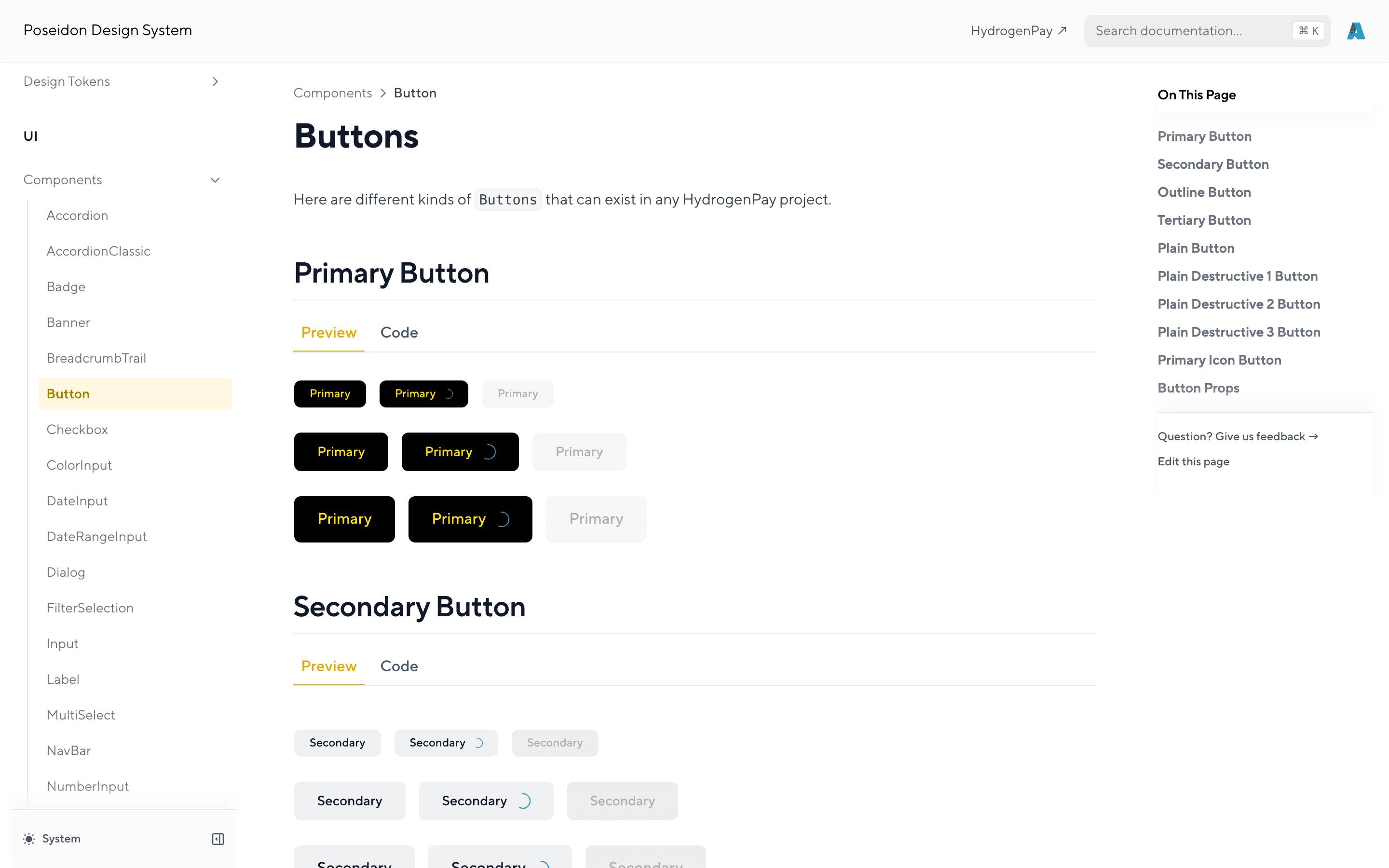 The Poseidon docs, showing the Button page with every variant, a live preview, a code tab and a props list