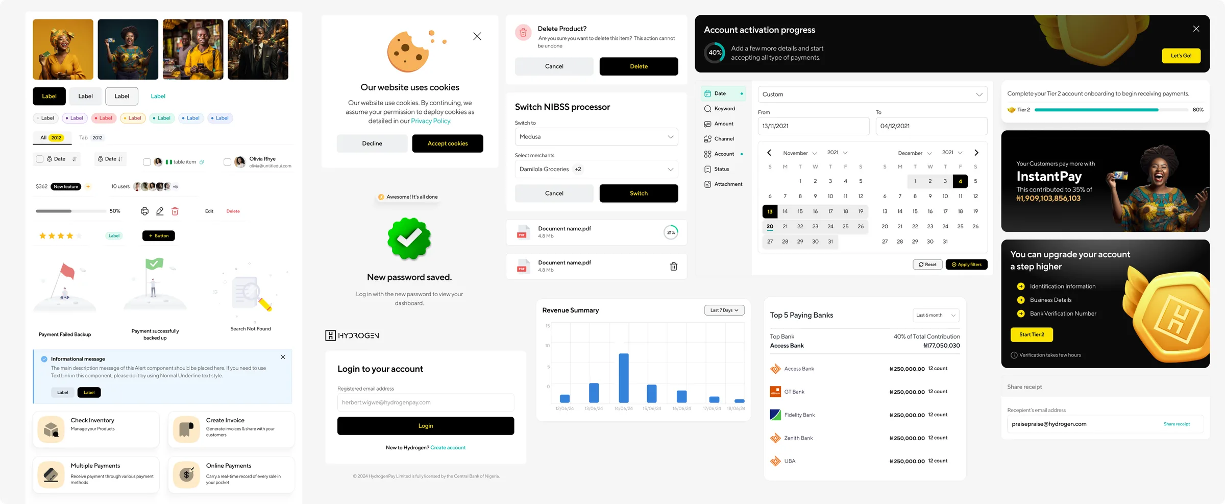 Dozens of finished components in use: labels and badges, a delete confirmation, empty states, a date range picker