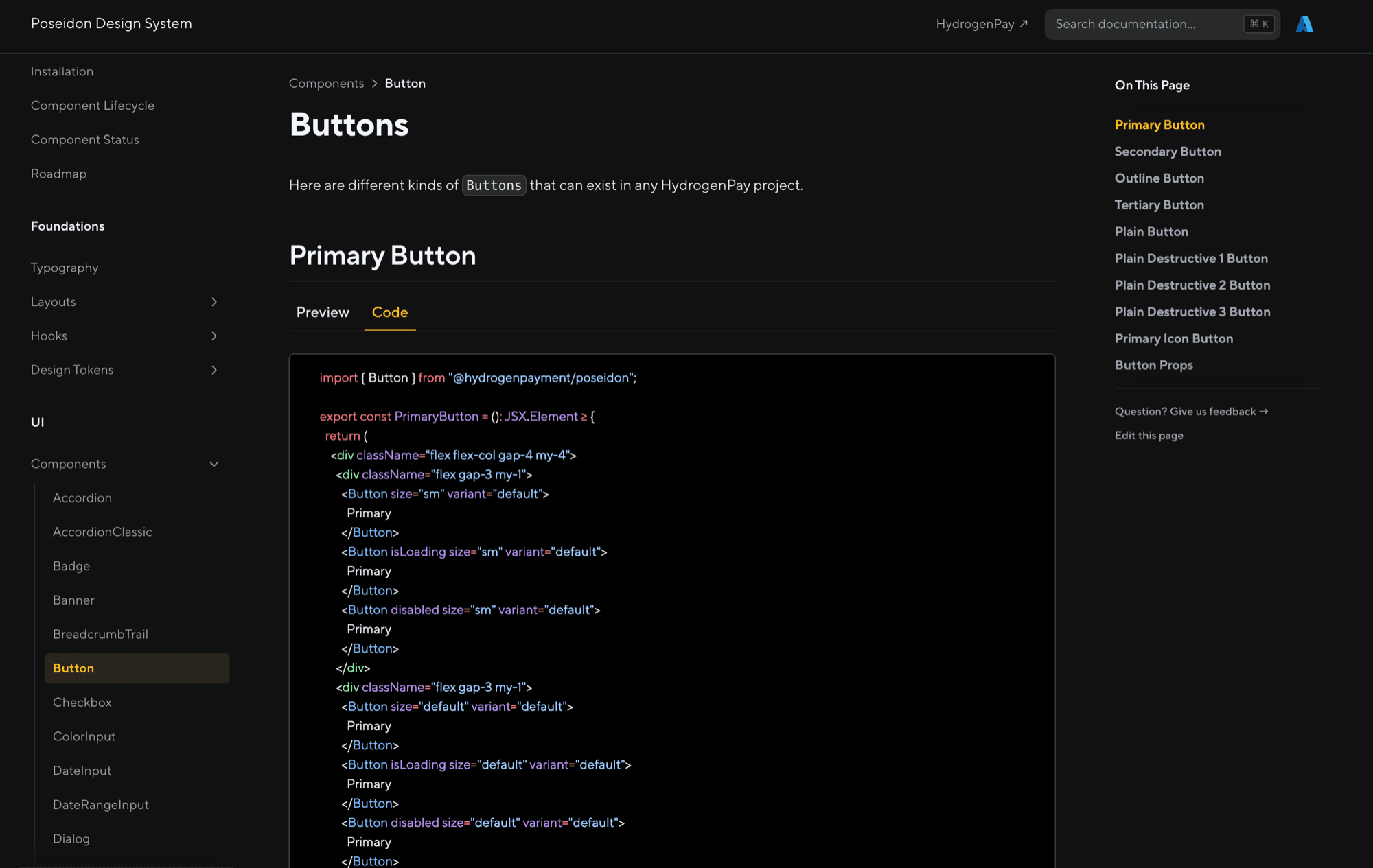 The Poseidon docs on the Button page with the Code tab open, the import and JSX for every variant, and the component list down the left named for what each part is
