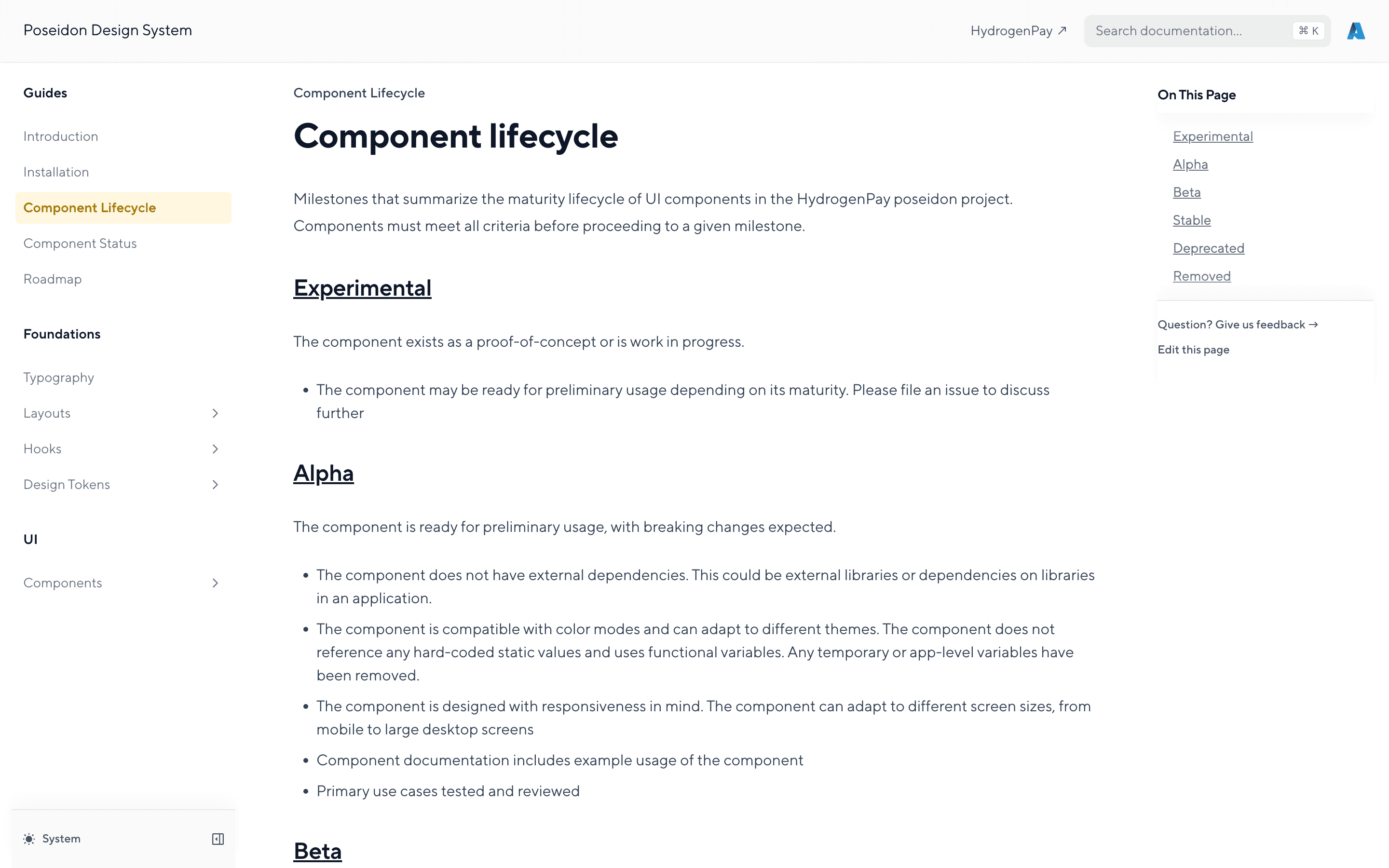 The component lifecycle page, listing the rules a component must meet to move from experimental to alpha to beta to stable