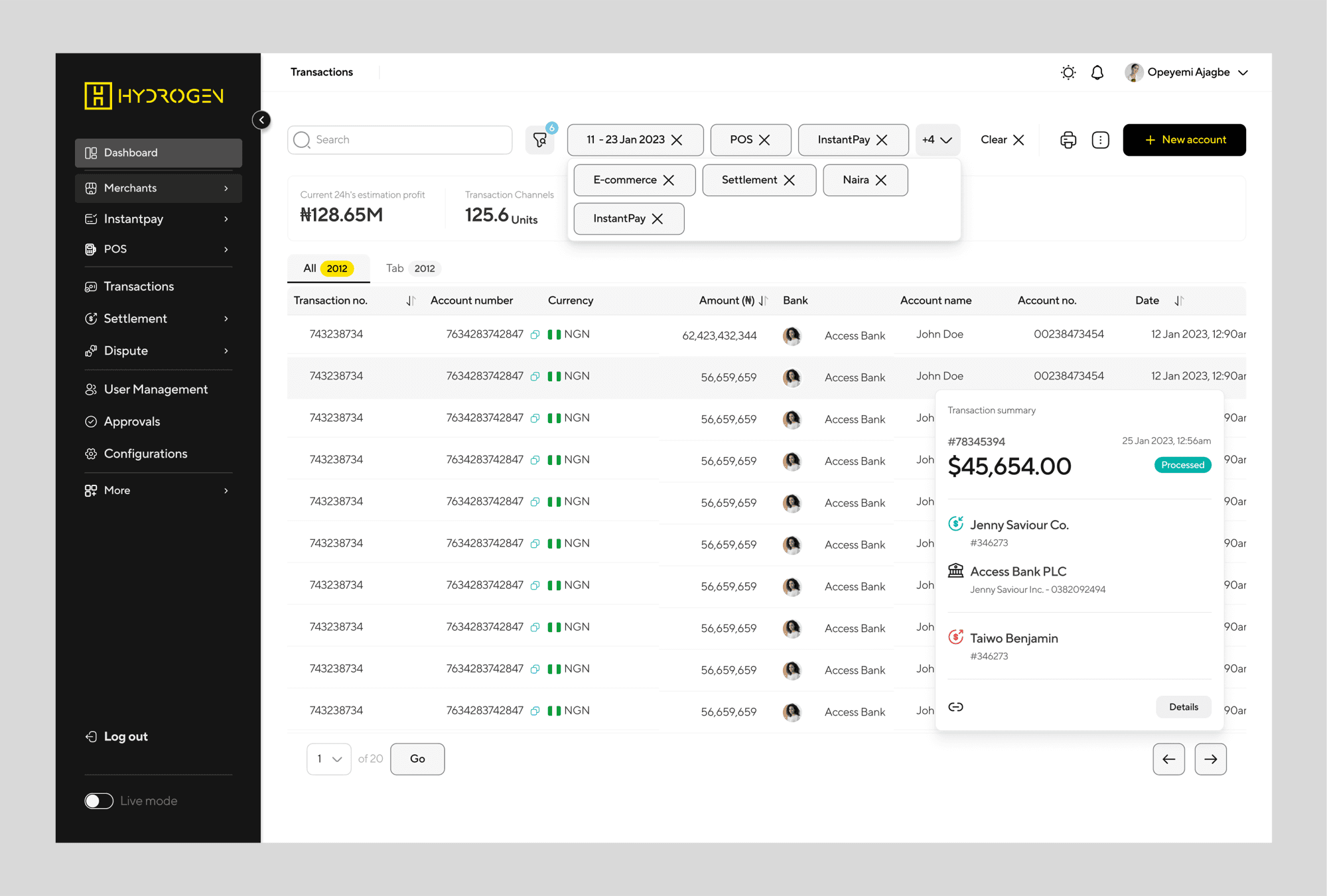 The Hydrogen transactions table in use: search, six active filters, sortable columns, paging, and a transaction summary panel open over the rows