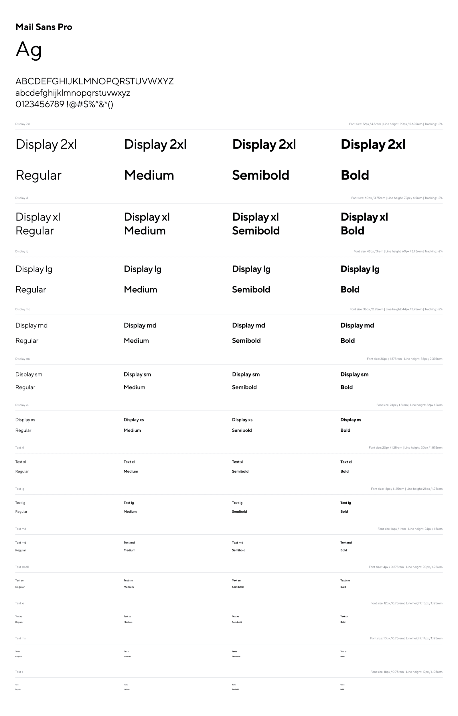 The Hydrogen type scale in Mail Sans Pro: Display 2xl down to Text s, each in regular, medium, semibold and bold, with the size, line height and tracking for every step